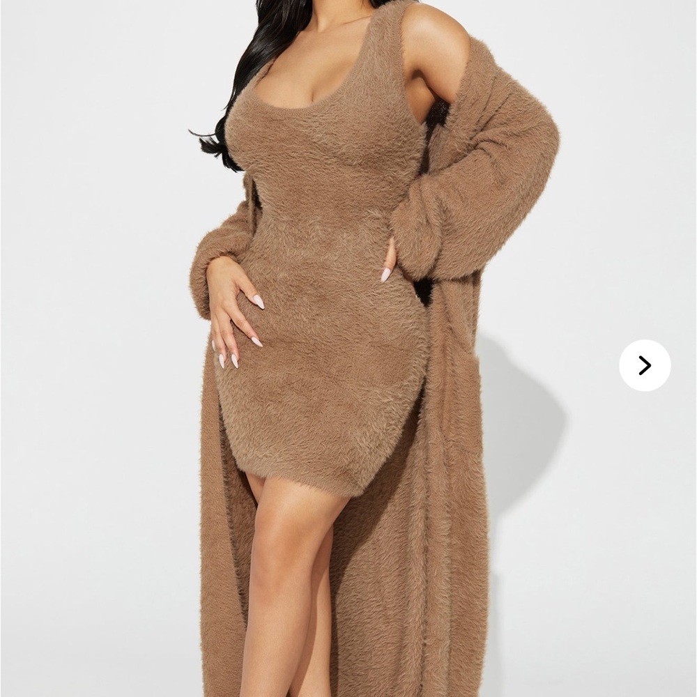 Cozy Brown Fuzzy Dress and Cardigan Set